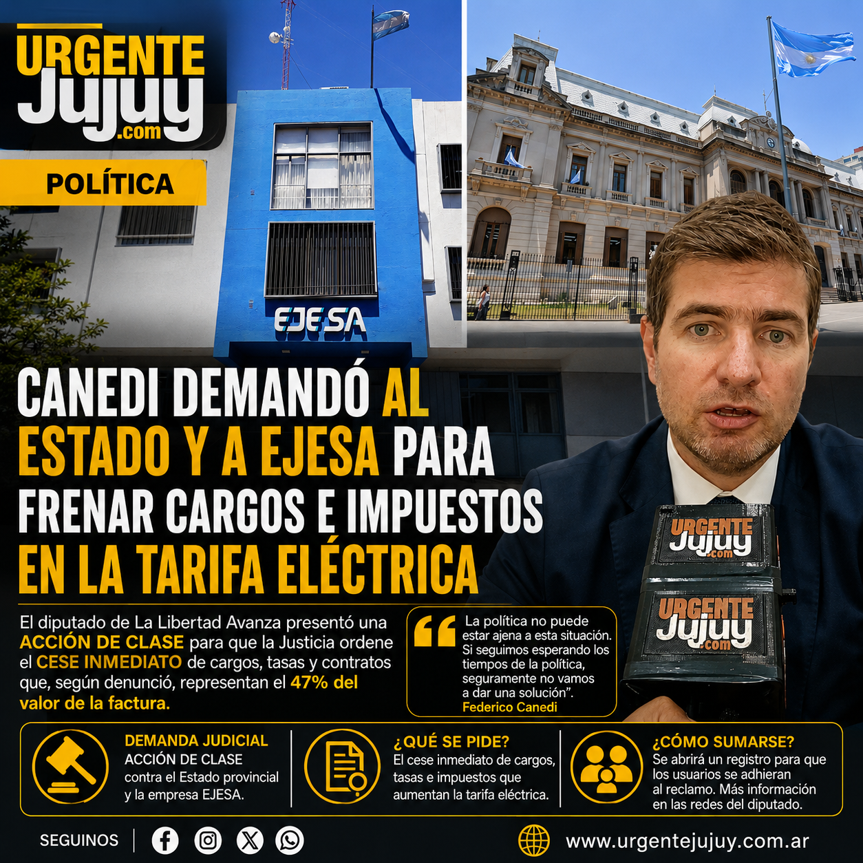 El diputado Federico Canedi demandó al Estado y a EJESA para frenar cargos e impuestos en la tarifa eléctrica
